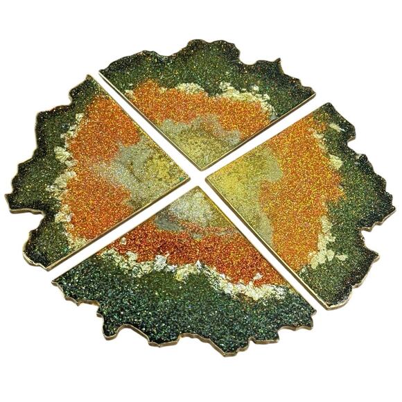Handmade Resin Geode Inspired Coasters Trivet Green Gold Glitter Abstract Gift - Picture 2 of 9